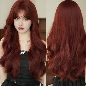 Long Wavy Women's Wig with Soft Bangs - Rich Auburn